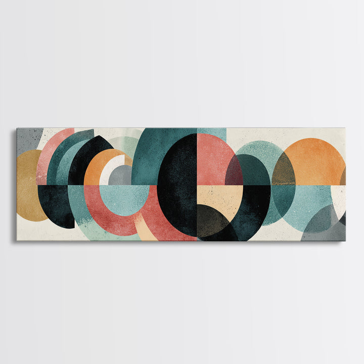 Layered Teal Coral Mustard Circle Wall Art, Midcentury Modern Abstract Art, Bauhaus Geometric Decor, Framed Canvas Print
