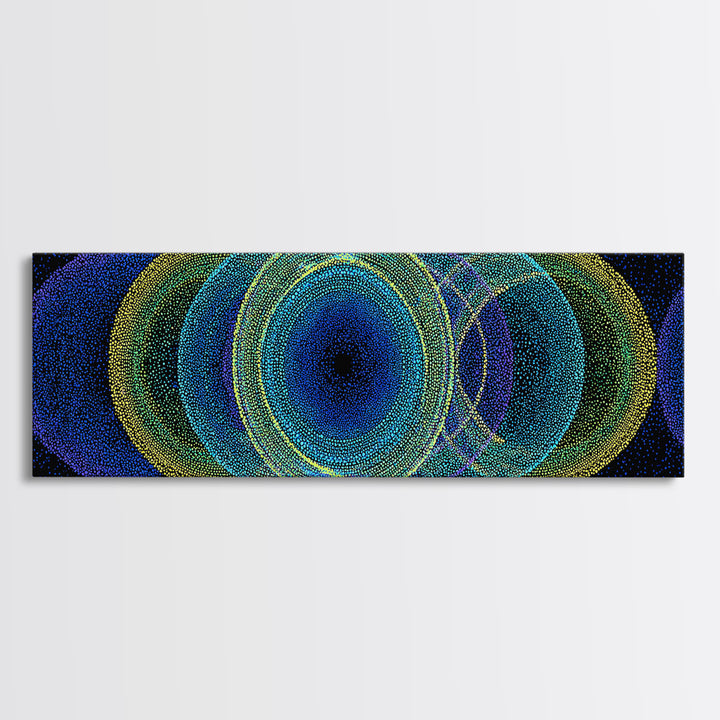 Neon Blue Green Overlapping Circles Canvas Print, Modern Abstract Art, Retro Geometric Wall Decor, Colorful Office Wall Art