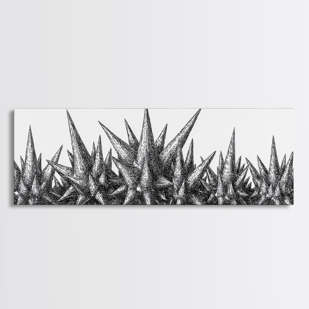 Black Spiky Crystal Landscape Wall Art, Minimalist Abstract Line Art, Monochrome Modern Wall Decor, Framed Canvas Print Gift