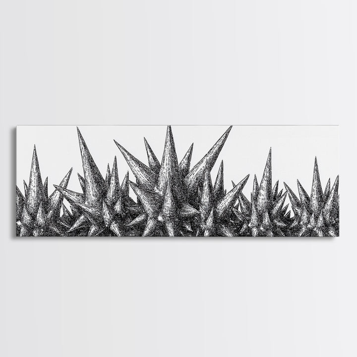 Black Spiky Crystal Landscape Wall Art, Minimalist Abstract Line Art, Monochrome Modern Wall Decor, Framed Canvas Print Gift
