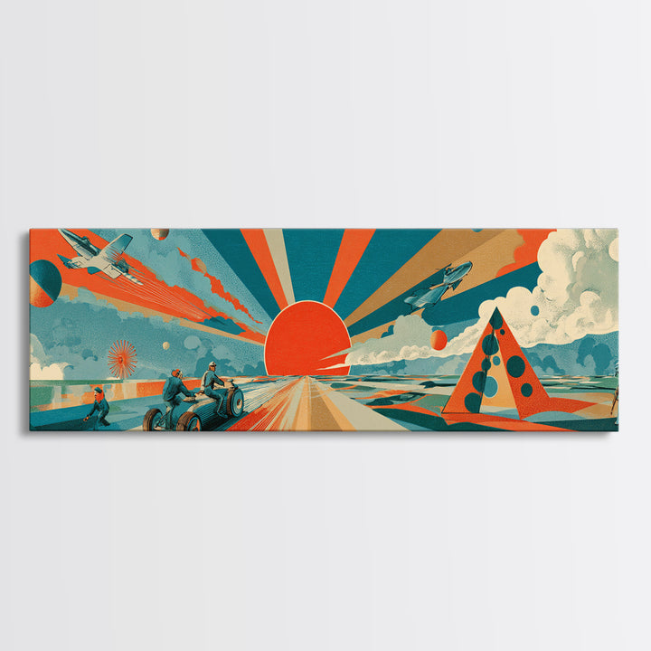 Retro Futurist Desert Sunrise With Jets And Rover Wall Art, Midcentury Modern Space Poster, Atomic MCM Decor, Sci Fi Print
