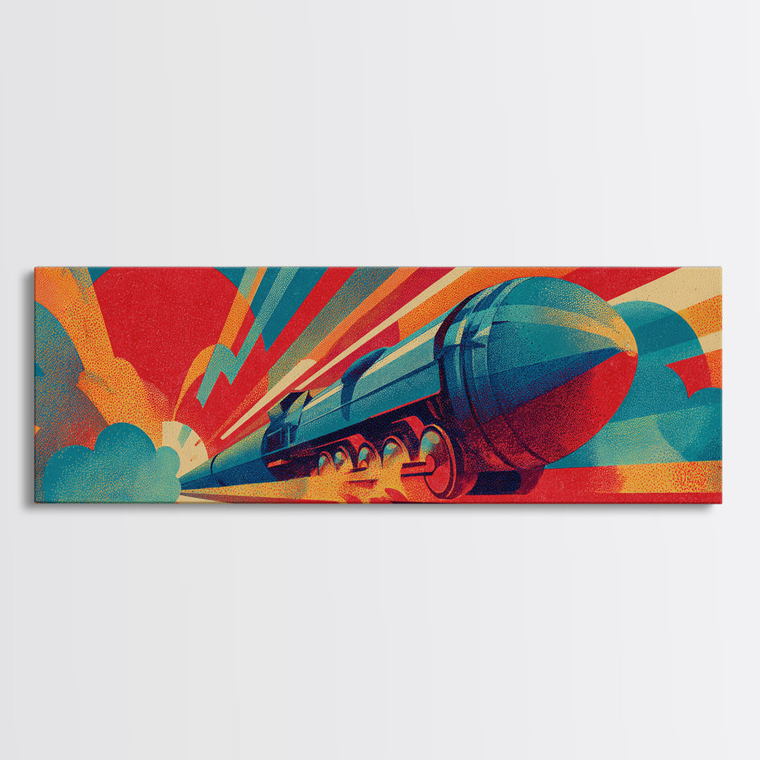 Streamlined Rocket Train Racing Past Red Sun Canvas Print, Midcentury Modern Art, Retro Futuristic Rail Poster, MCM Wall Decor