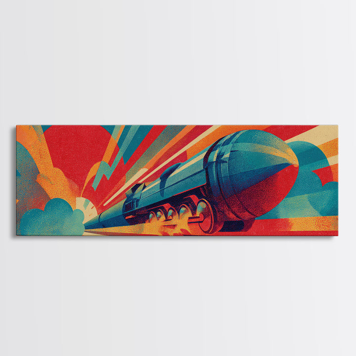 Streamlined Rocket Train Racing Past Red Sun Canvas Print, Midcentury Modern Art, Retro Futuristic Rail Poster, MCM Wall Decor