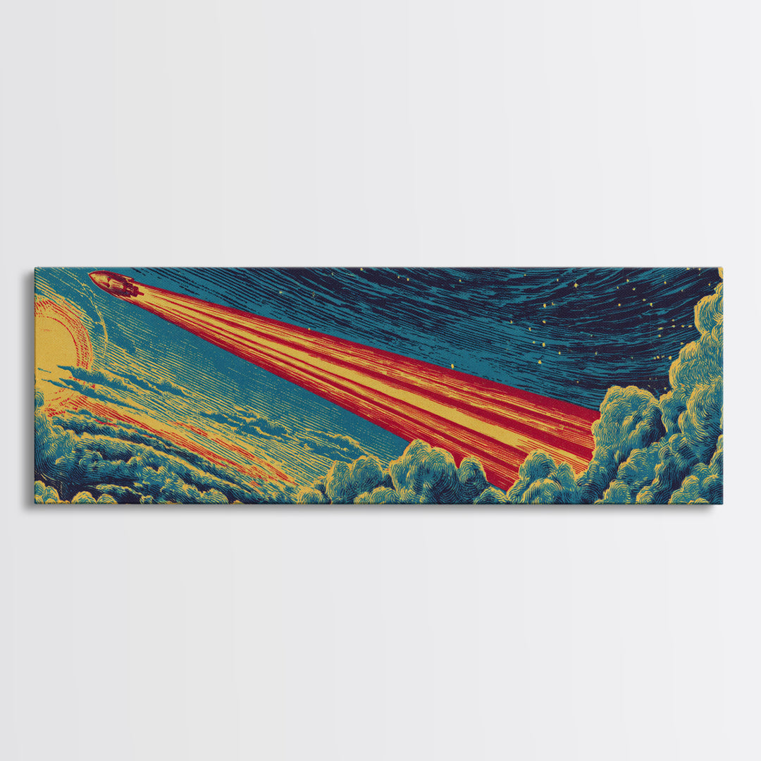 Rocket Blazing Through Night Clouds Framed Canvas Print, Midcentury Modern Space Art, Retro Sci Fi Poster, Cosmic Wall Decor