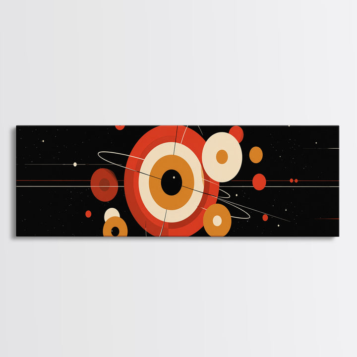Black Space Abstract With Orange Orbit Circles Wall Art, Midcentury Modern Geometric Print, Atomic MCM Poster, Retro Decor