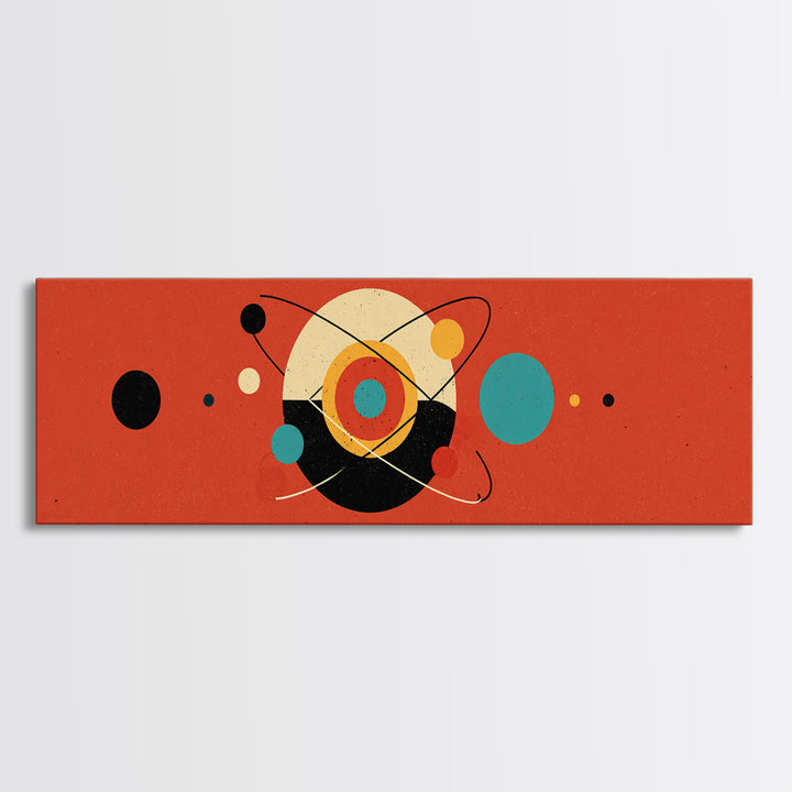 Red Atomic Abstract With Orbiting Circles Canvas Print, Midcentury Modern Wall Art, Geometric MCM Poster, Retro Home Decor