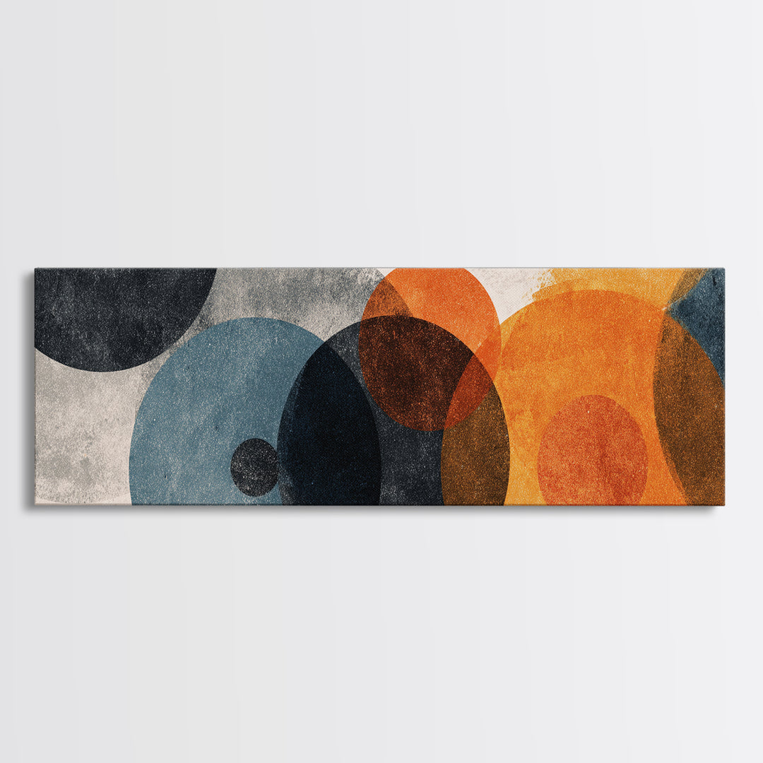 Textured Overlapping Gray Blue And Orange Circles Canvas Print, Modern Abstract Wall Art, Geometric MCM Decor, Neutral Poster