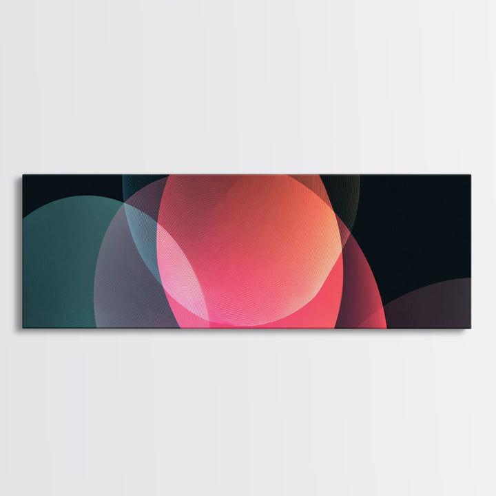 Glowing Translucent Neon Circles On Dark Framed Canvas Print, Modern Abstract Wall Art, Geometric Poster, Colorful Decor
