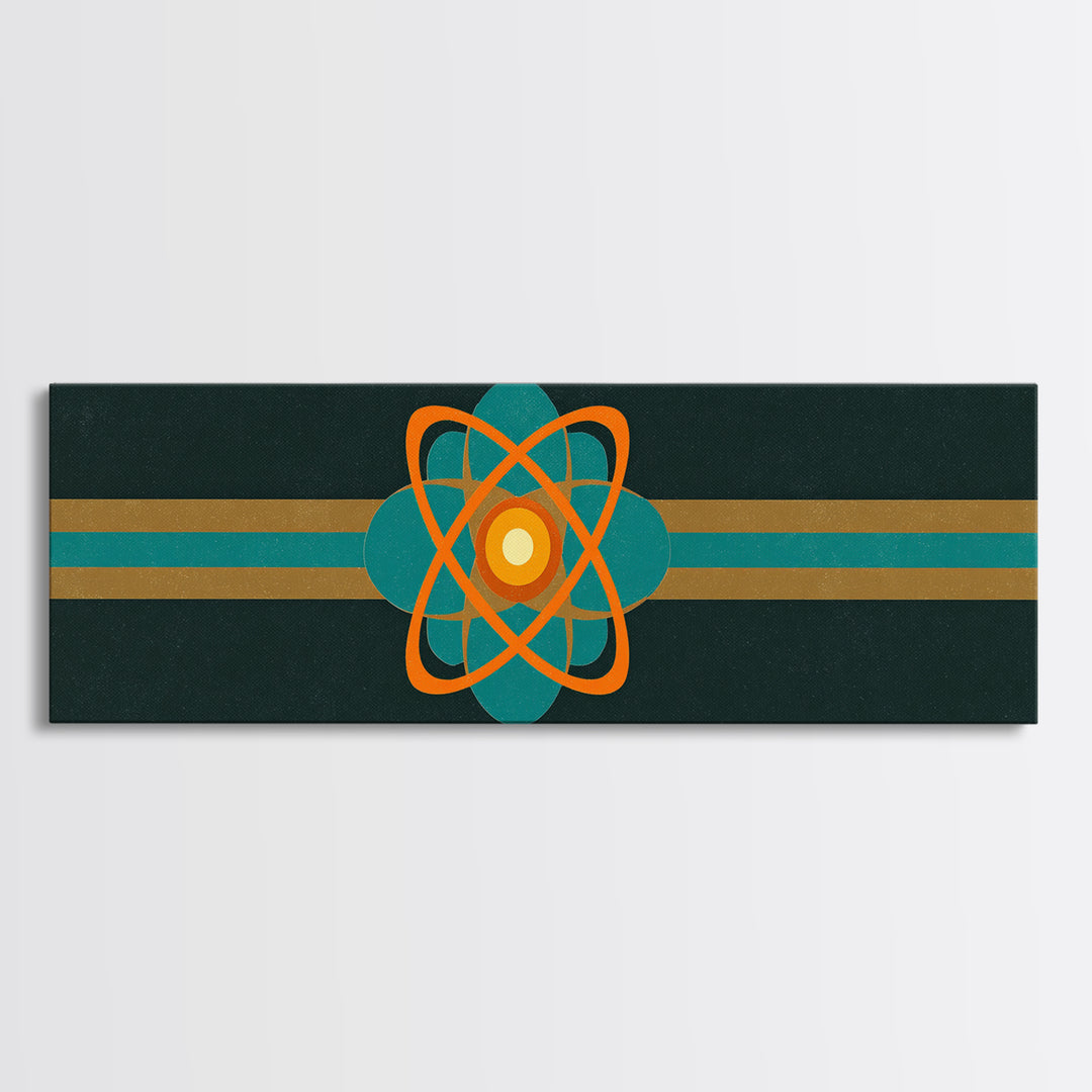 Orange And Teal Atomic Symbol Wall Art, Mid Century Modern Decor, Retro Sci Fi Poster, Space Abstract Art, Modern Art Print