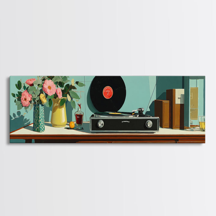 Teal Vinyl And Flower Console Canvas Print, Mid Century Modern Wall Decor, Record Player Art Print, Retro Living Room Decor