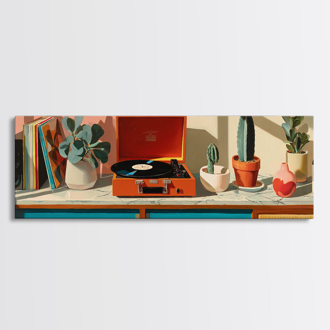 Orange Portable Record Player Wall Art, Mid Century Modern Shelf Decor, Cactus Vinyl Print, Retro Music Room Home Decor Poster