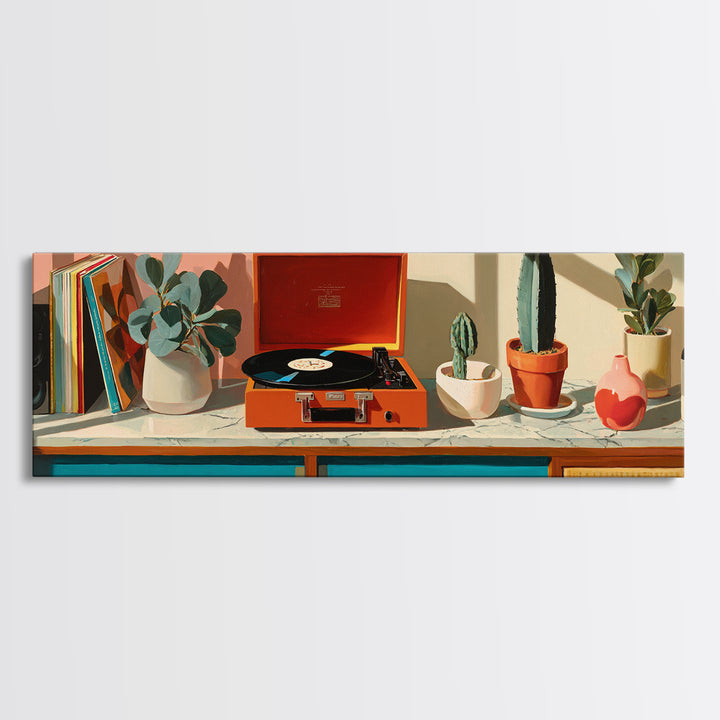 Orange Portable Record Player Wall Art, Mid Century Modern Shelf Decor, Cactus Vinyl Print, Retro Music Room Home Decor Poster