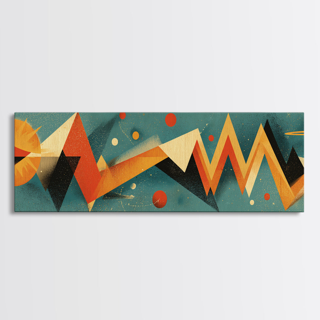 Atomic Sun Zigzag Abstract Wall Art, Mid Century Modern Geometric Print, Orange Teal Retro Decor, Bauhaus Inspired Poster