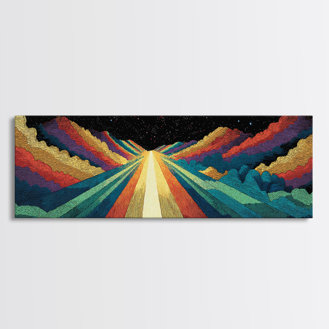 Cosmic Rainbow Mountain Road Canvas Print, Mid Century Modern Space Landscape Art, Retro Sci Fi Wall Decor, Colorful Poster
