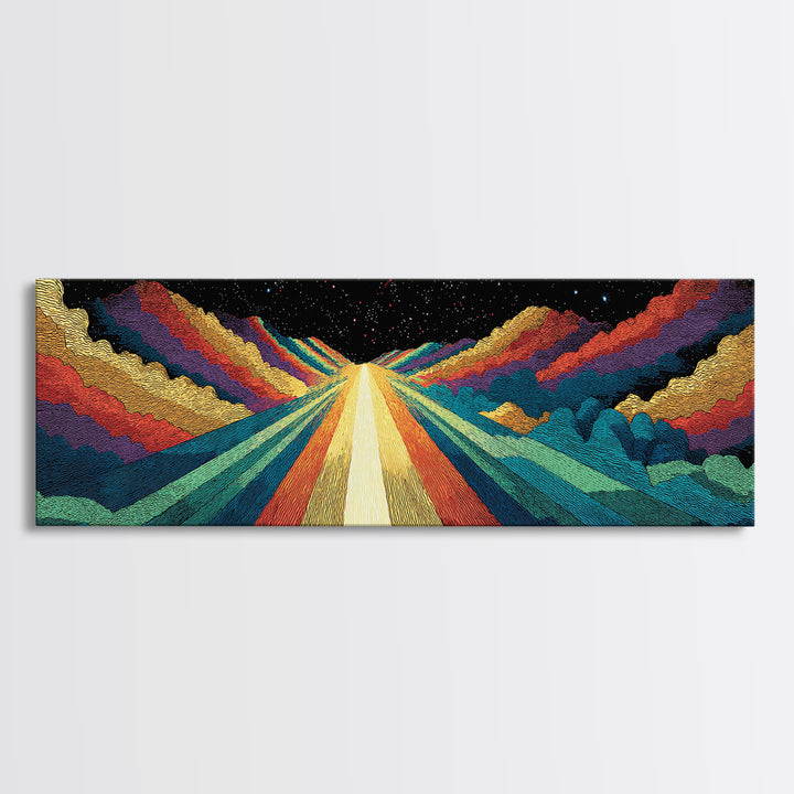 Cosmic Rainbow Mountain Road Canvas Print, Mid Century Modern Space Landscape Art, Retro Sci Fi Wall Decor, Colorful Poster