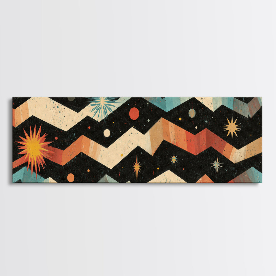 Starry Zigzag Space Abstract Canvas Print, Mid Century Modern Atomic Art, Retro Geometric Wall Decor, Colorful Cosmic Poster