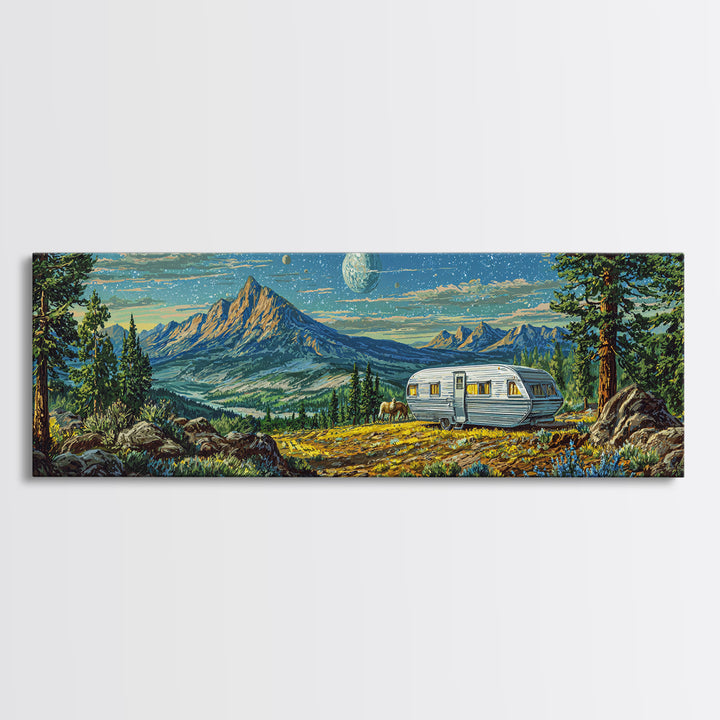 New Frontier Camper Mountain Canvas Print, Retro Travel Wall Art, Midcentury Modern Landscape Poster, Rustic Cabin Decor Gift