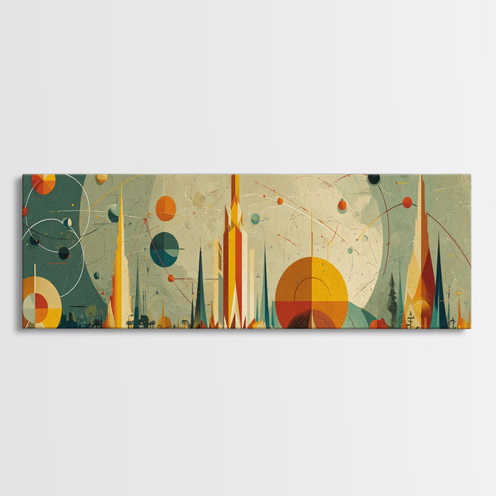 Atomic Future City Skyline Wall Art, Midcentury Modern Abstract Print, Retro Space Age Decor, Orange Blue Geometric Poster