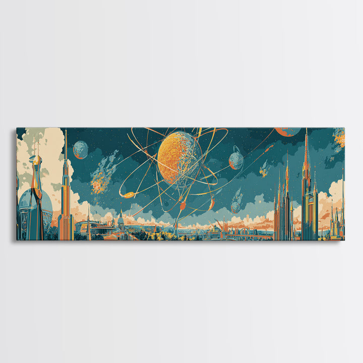 Retro Futuristic Space City Canvas Print, Atomic Planet Wall Art, Midcentury Modern Skyline Poster, Sci Fi Office Decor Gift