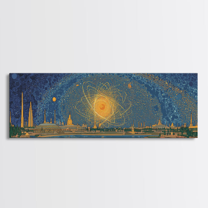 Golden Cosmic Skyline Wall Art, Midcentury Modern Abstract Print, Retro Space Age Poster, Blue Orange Living Room Home Decor
