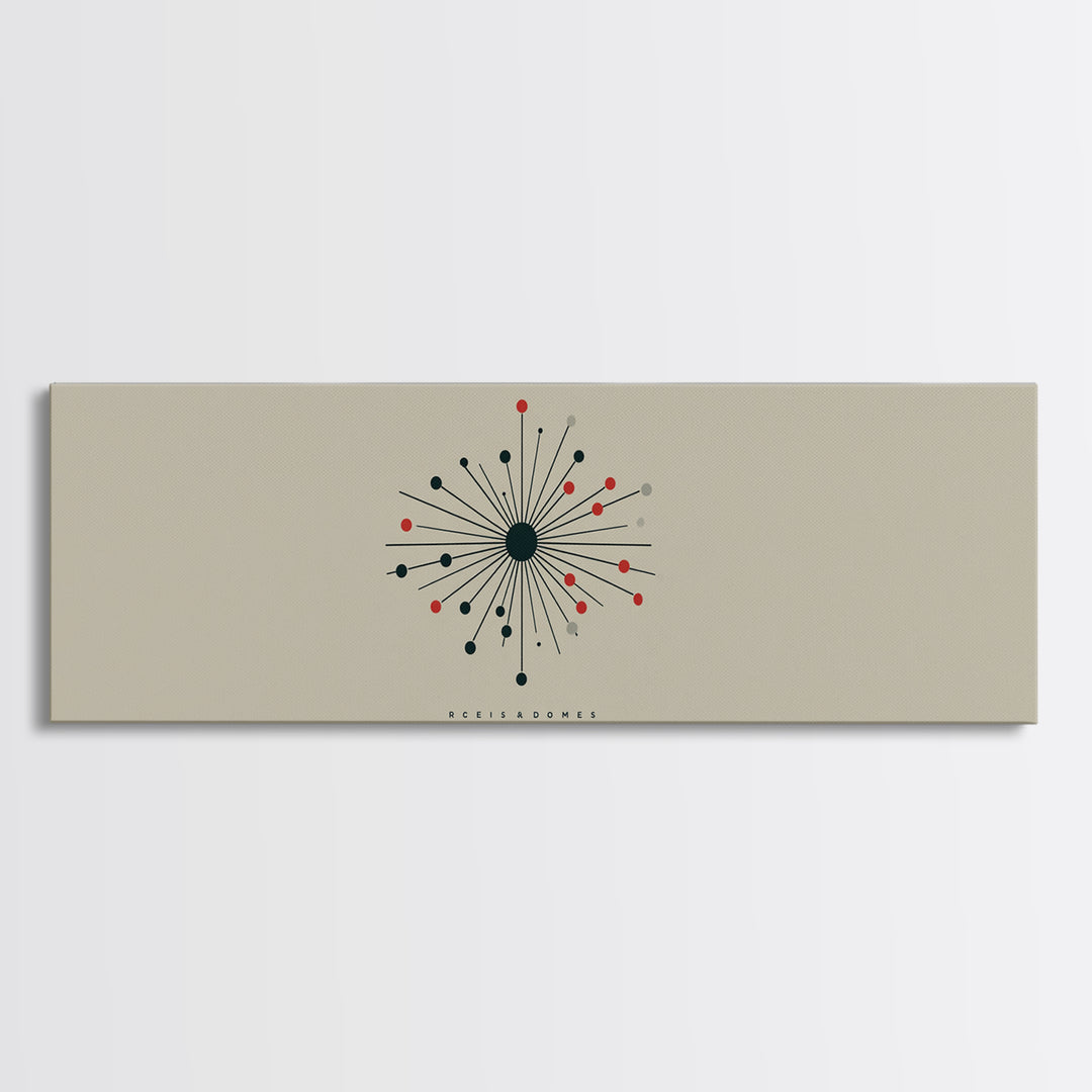 Minimal Atomic Starburst Wall Art, Midcentury Modern Print, Beige Black Red Geometric Poster, Retro Office Decor Gift For Home