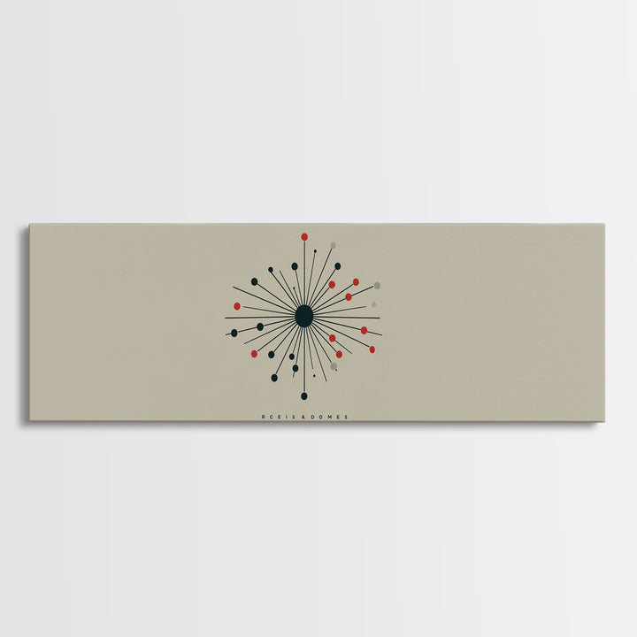 Minimal Atomic Starburst Wall Art, Midcentury Modern Print, Beige Black Red Geometric Poster, Retro Office Decor Gift For Home