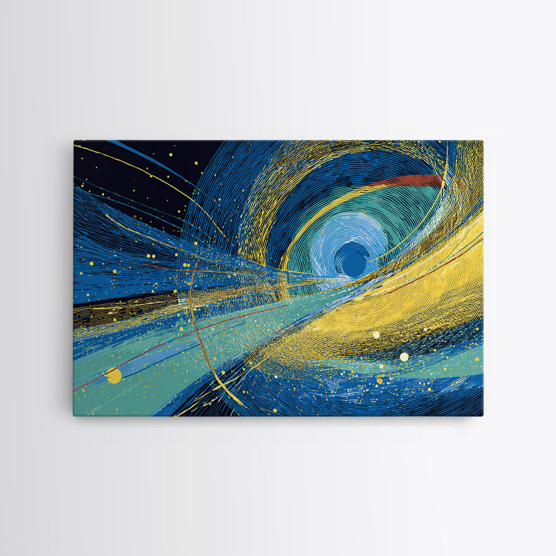 Blue Yellow Cosmic Vortex Abstract Wall Art, Modern Geometric Space Print, Midcentury Decor, Large Canvas Print, Living Room Decor