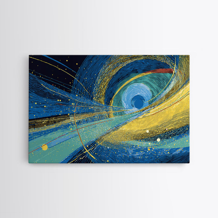 Blue Yellow Cosmic Vortex Abstract Wall Art, Modern Geometric Space Print, Midcentury Decor, Large Canvas Print, Living Room Decor