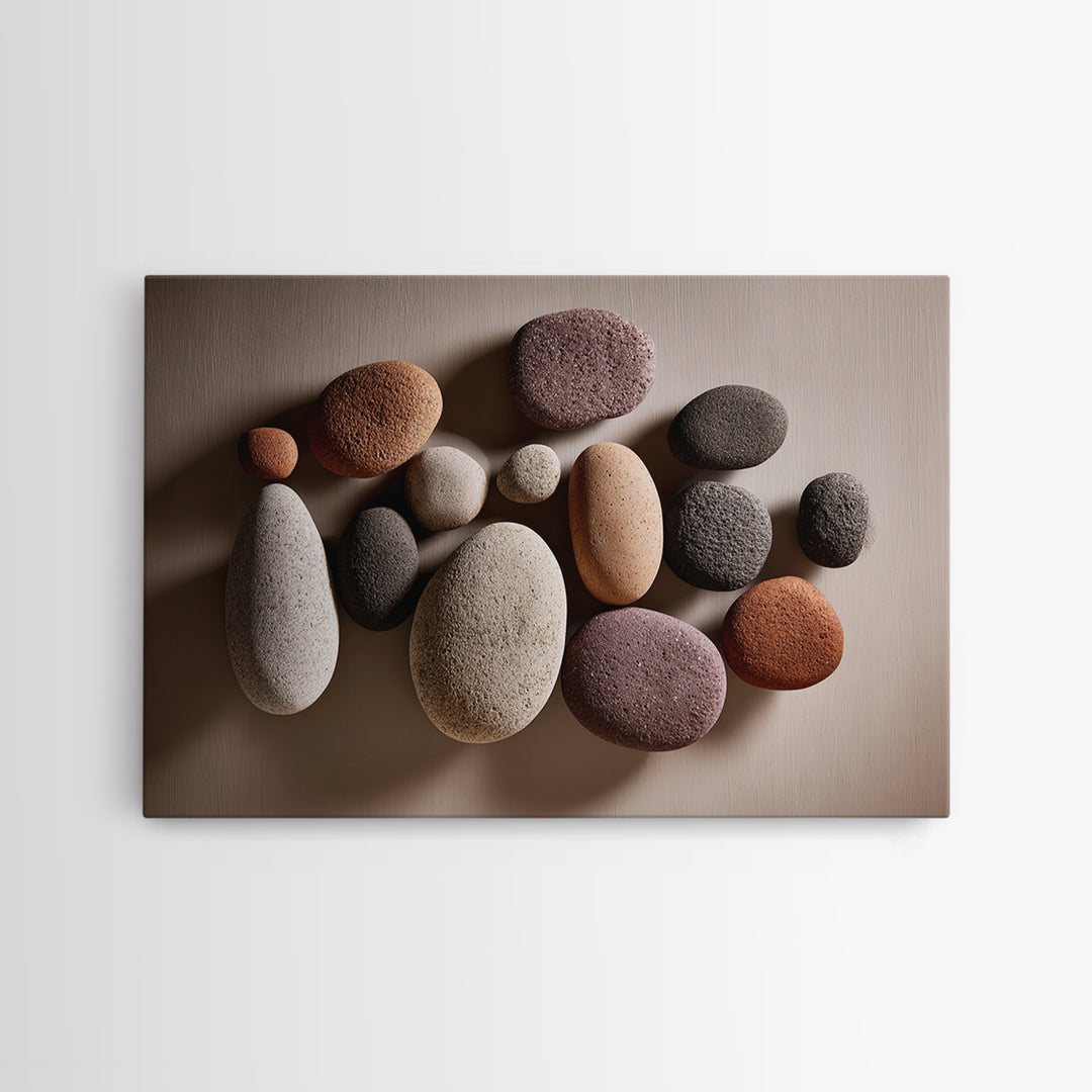 Neutral Pebble Stone Still Life Wall Art, Modern Minimalist Art Print, Nature Home Decor, Earth Tone Framed Canvas Print