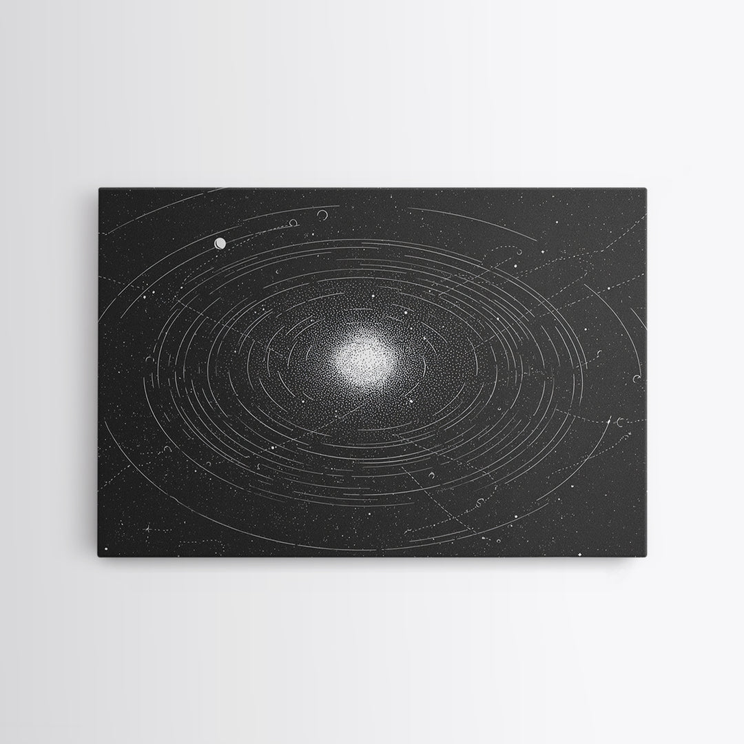 Black White Orbiting Galaxy Starfield Canvas Print, Modern Abstract Wall Art, Space Retro Geometric Poster, Cosmic Home Decor