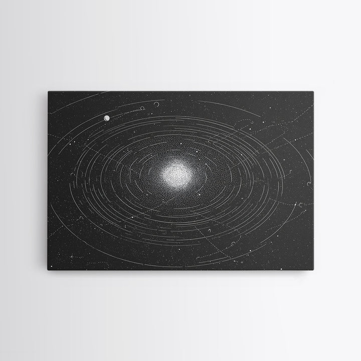 Black White Orbiting Galaxy Starfield Canvas Print, Modern Abstract Wall Art, Space Retro Geometric Poster, Cosmic Home Decor
