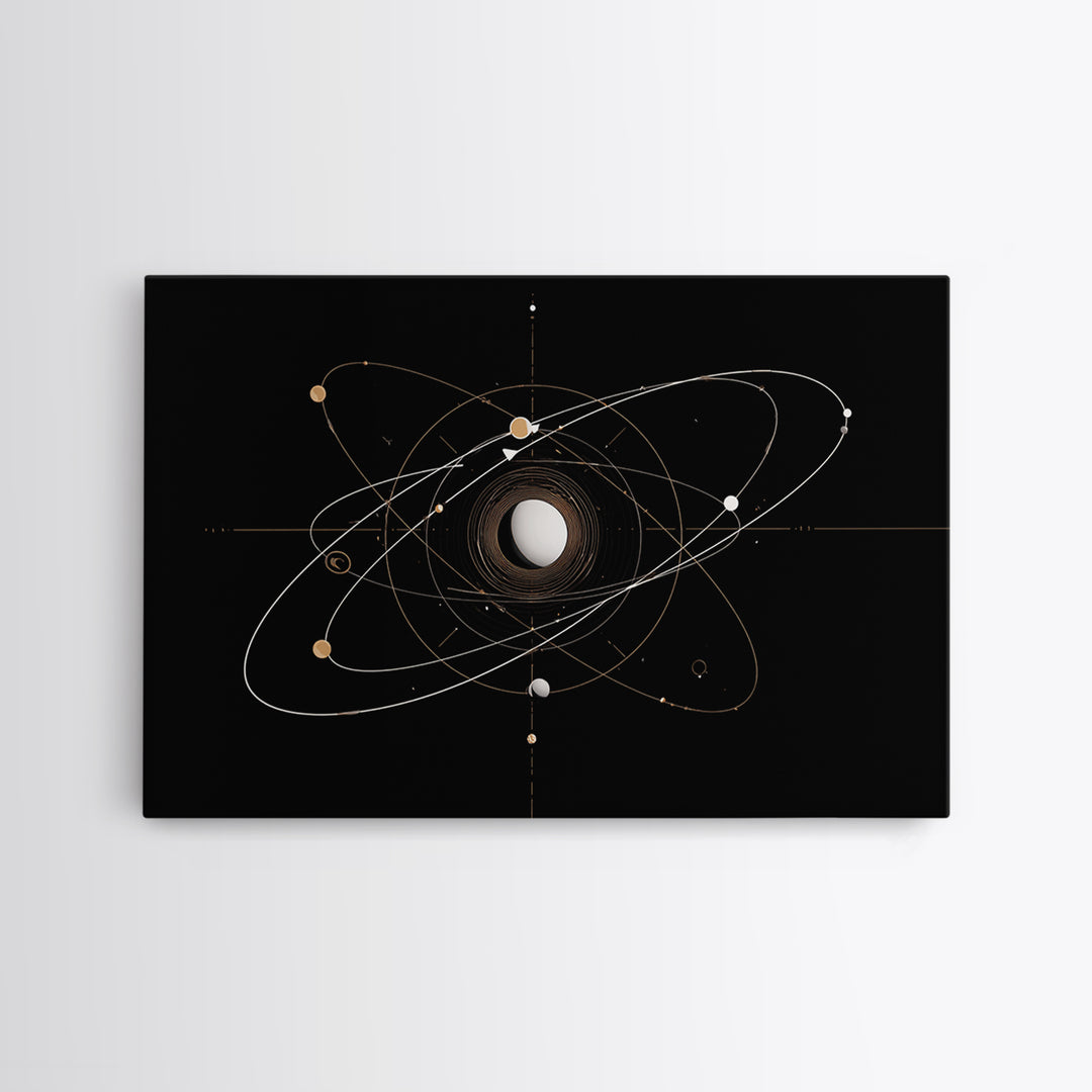 Gold Atomic Orbit Diagram Wall Art, Midcentury Modern Space Abstract Art, Geometric Black Home Wall Decor, MCM Canvas Print