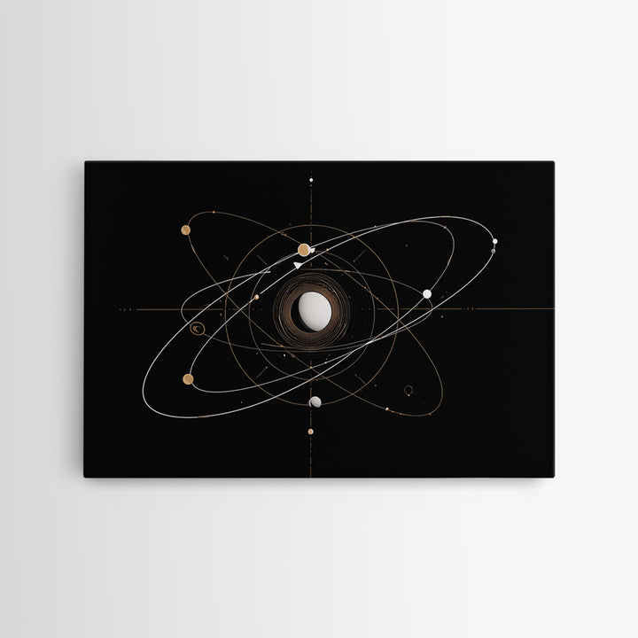 Gold Atomic Orbit Diagram Wall Art, Midcentury Modern Space Abstract Art, Geometric Black Home Wall Decor, MCM Canvas Print