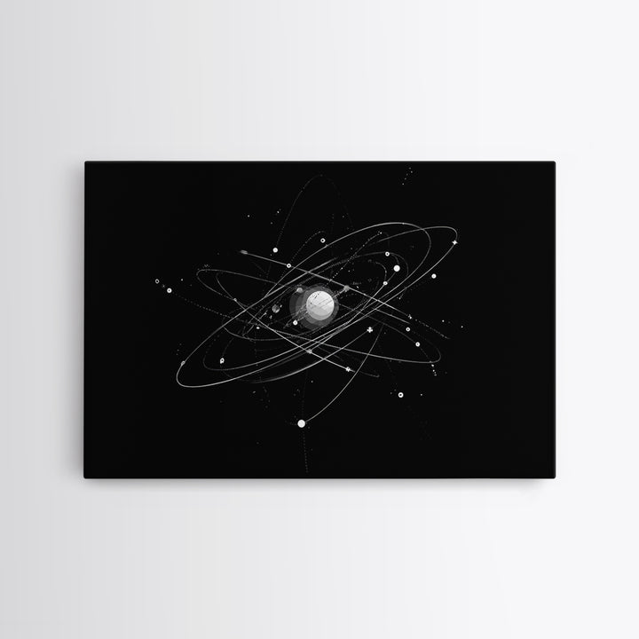 Silver Atomic Orbit Lines Wall Art, Modern Abstract Space Poster, Black And White Geometric Decor, Midcentury Canvas Print