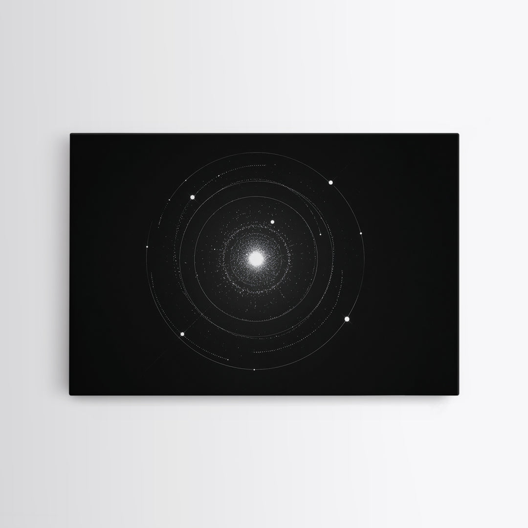 Minimal Solar System Orbit Wall Art, Black And White Space Abstract Art, Modern Geometric Poster Decor, Framed Canvas Print