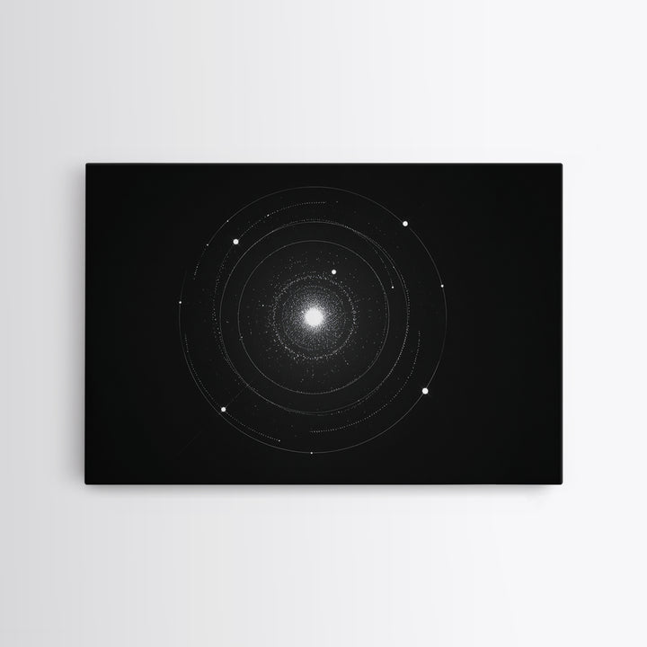 Minimal Solar System Orbit Wall Art, Black And White Space Abstract Art, Modern Geometric Poster Decor, Framed Canvas Print