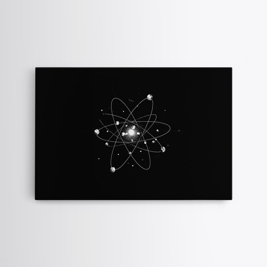 Bright Atomic Nucleus Orbit Wall Art, Black And White Modern Art Print, Geometric Space Decor Poster, Midcentury Canvas Print