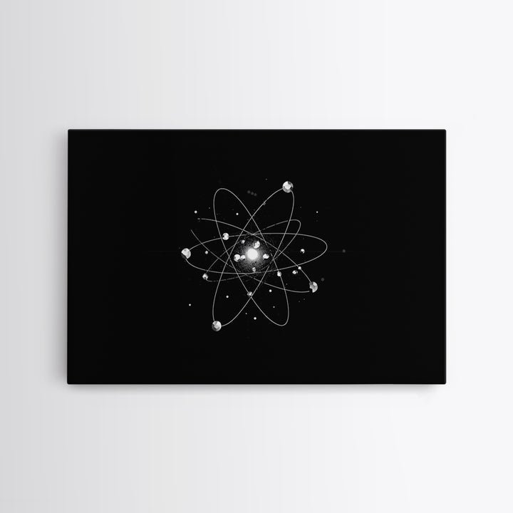 Bright Atomic Nucleus Orbit Wall Art, Black And White Modern Art Print, Geometric Space Decor Poster, Midcentury Canvas Print