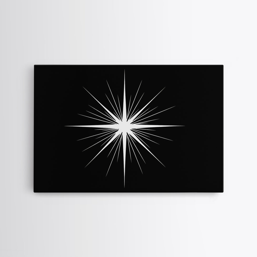 Sharp White Starburst Wall Art, Midcentury Atomic Art Print, Black Minimalist Modern Poster Decor, Geometric Canvas Print