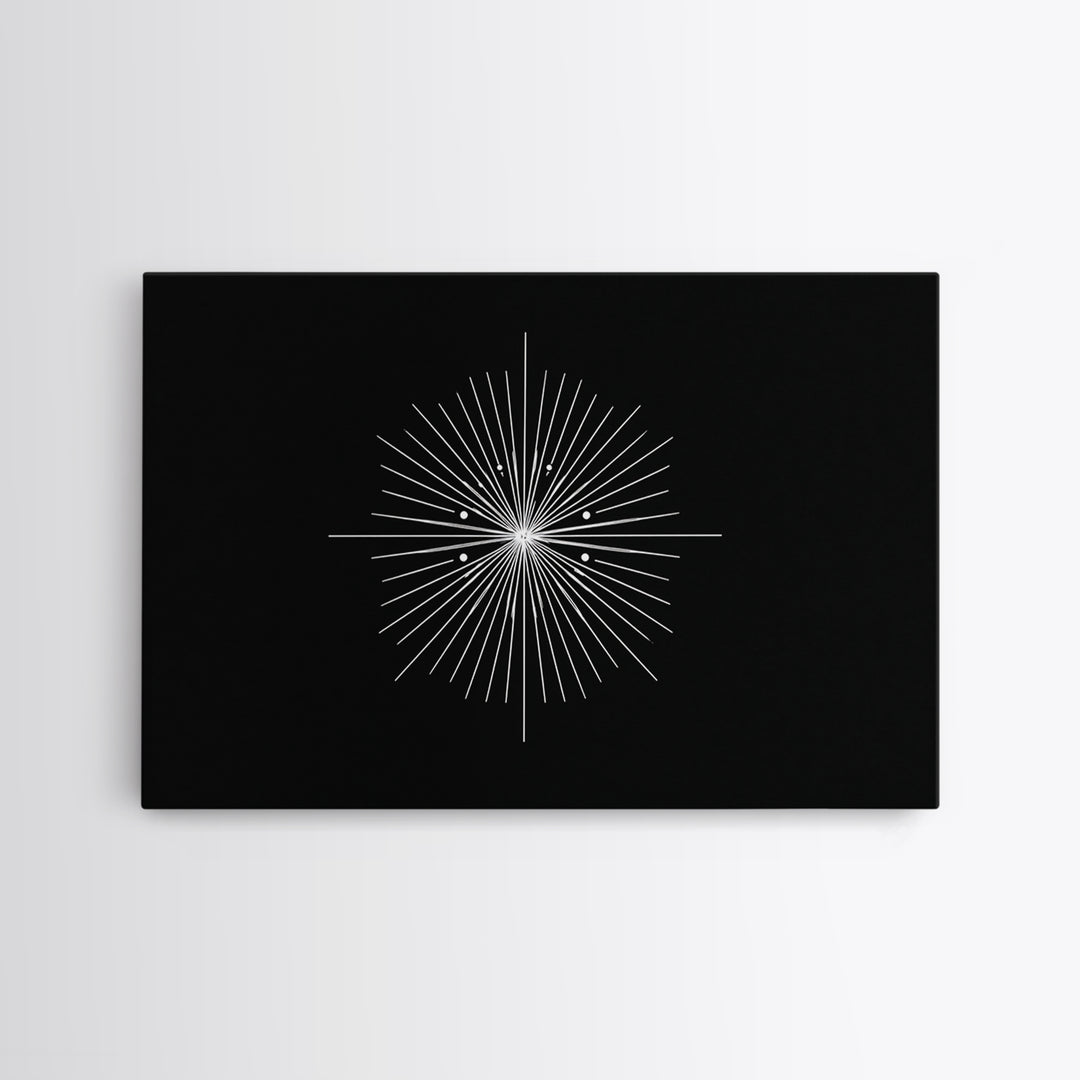 Radial Atomic Star Compass Wall Art, Black And White Midcentury Art Print, Minimalist Geometric Modern Decor, Canvas Print