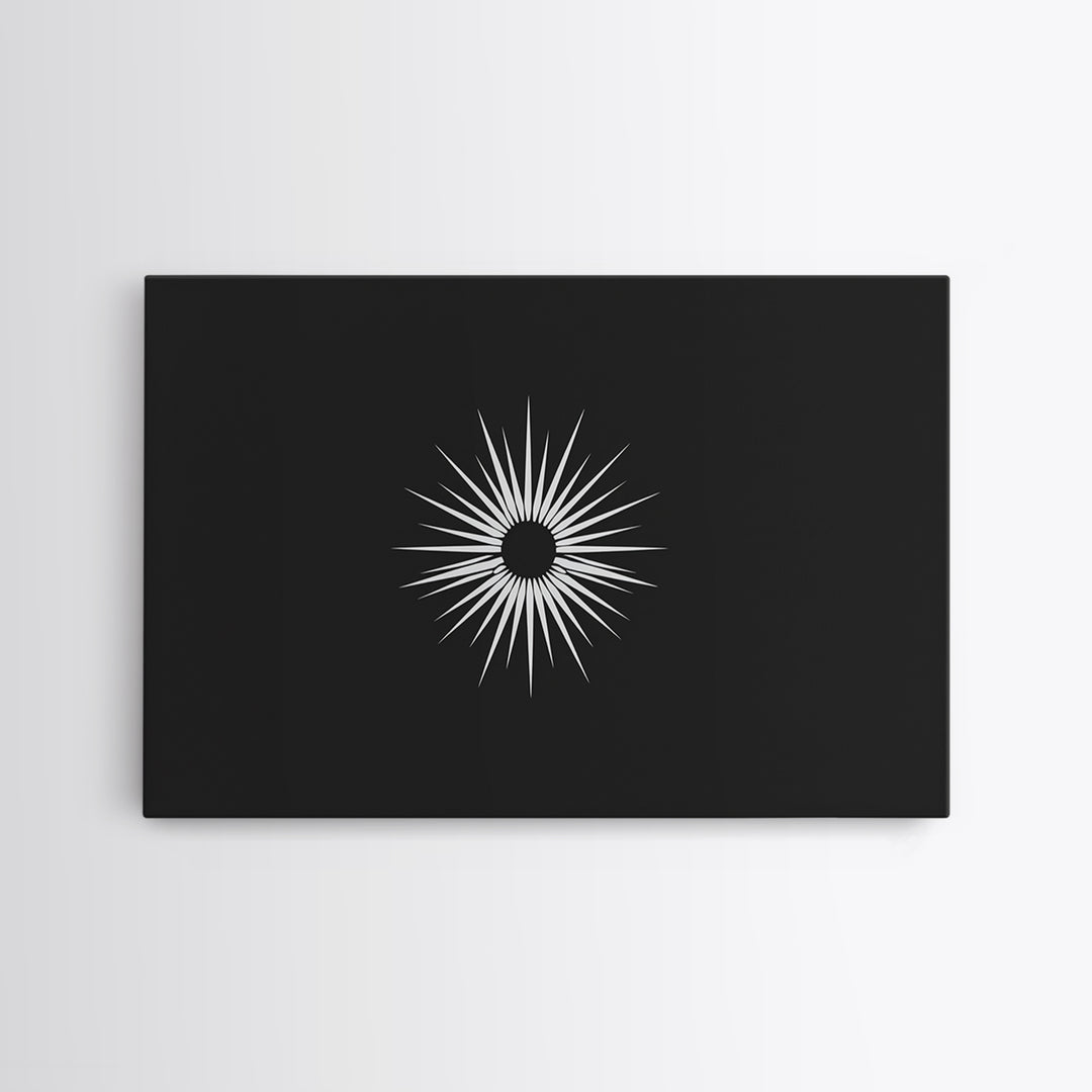 White Sunburst Eclipse Wall Art, Minimalist Black Modern Art Print, Midcentury Atomic Geometric Decor, Framed Canvas Print