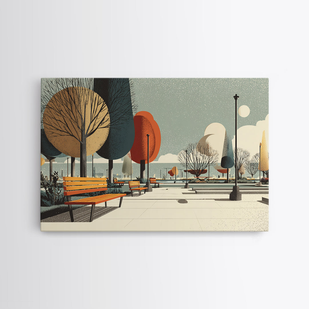 Autumn Lakeside Park Wall Art, Midcentury Modern Print, Scenic City Landscape Poster, Retro Bench Living Room Decor, Office Wall Decor
