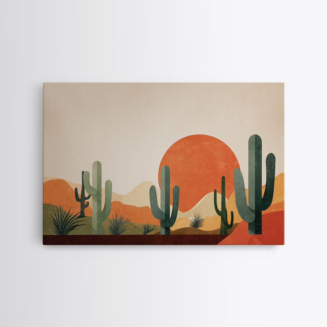 Orange Sun Cactus Desert Wall Art, Midcentury Modern Art Print, Southwestern Landscape Poster, Boho Retro Home Decor, MCM Decor
