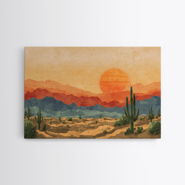 Textured Desert Mountains Wall Art, Orange Sunset Cactus Print, Midcentury Modern Landscape, Southwestern Living Room Decor