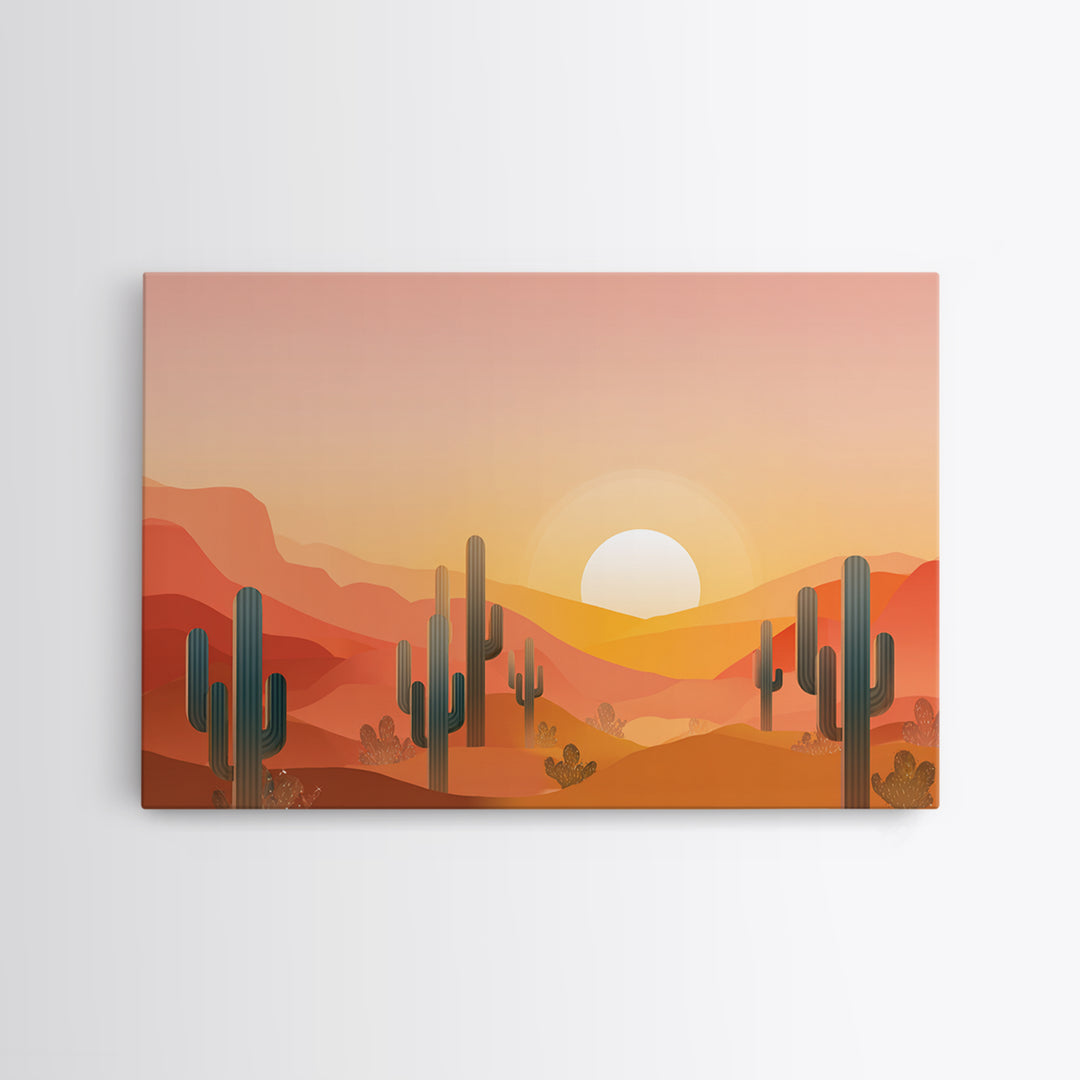 Golden Saguaro Desert Sunset Canvas Print, Midcentury Modern Wall Art, Warm Orange Southwestern Poster, Boho Home Decor, MCM Decor