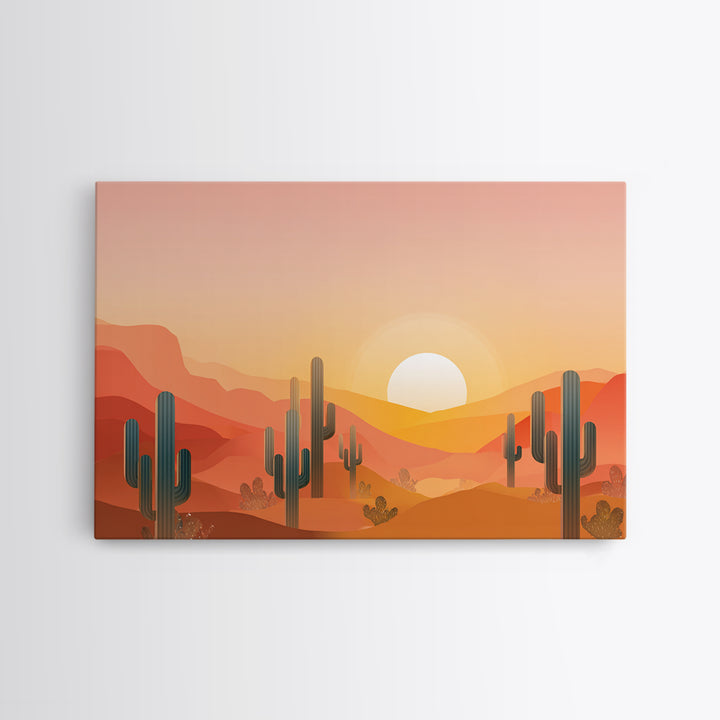 Golden Saguaro Desert Sunset Canvas Print, Midcentury Modern Wall Art, Warm Orange Southwestern Poster, Boho Home Decor, MCM Decor