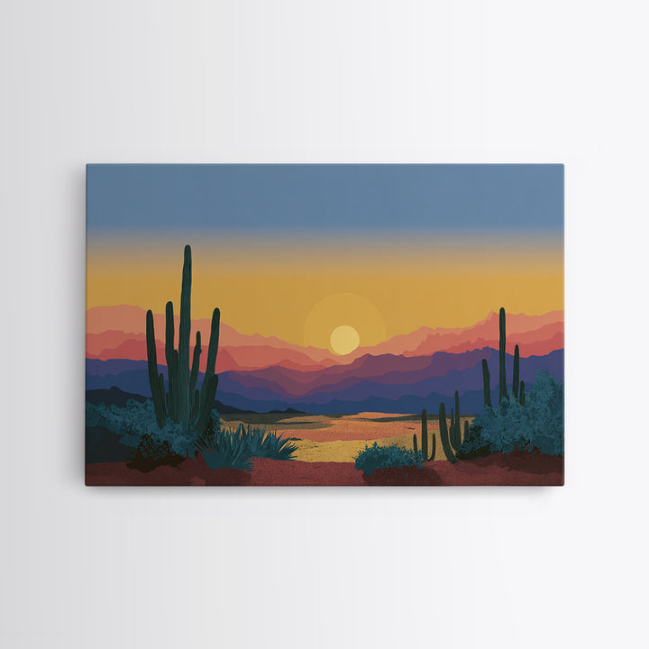 Blue Gold Desert Sunset Wall Art, Saguaro Cactus Landscape Print, Midcentury Modern Art Poster, Southwestern Home Decor, MCM Decor
