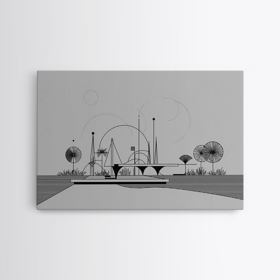 Black White Architectural Line Wall Art, Midcentury Modern Abstract Print, Atomic Ranch Landscape, Minimalist Home Decor