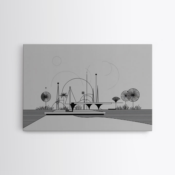 Black White Architectural Line Wall Art, Midcentury Modern Abstract Print, Atomic Ranch Landscape, Minimalist Home Decor