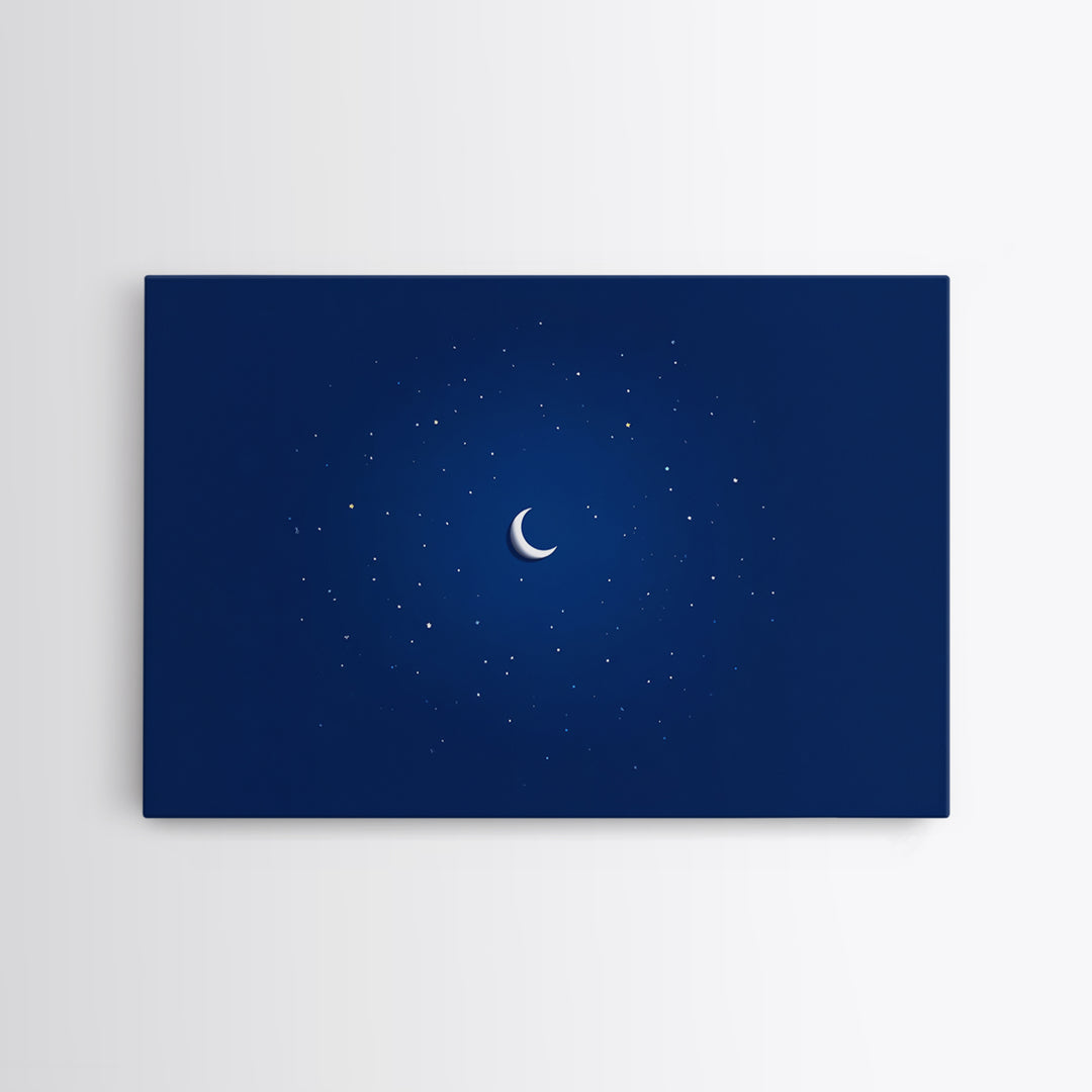 Minimal Crescent Moon Stars Wall Art, Deep Blue Night Sky Print, Modern Celestial Poster, Nursery Bedroom Wall Decor, Kids Room Decor